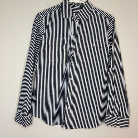 CHICOS Size 1 Button Up Collared Shirt Striped Roll Tab Sleeve Stretch Business - Picture 1 of 4